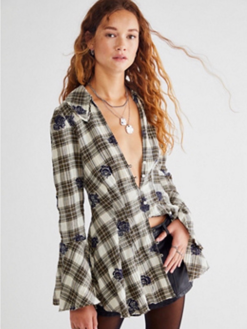 Free People Ezra Embroidered Cream Plaid Button-Up Top